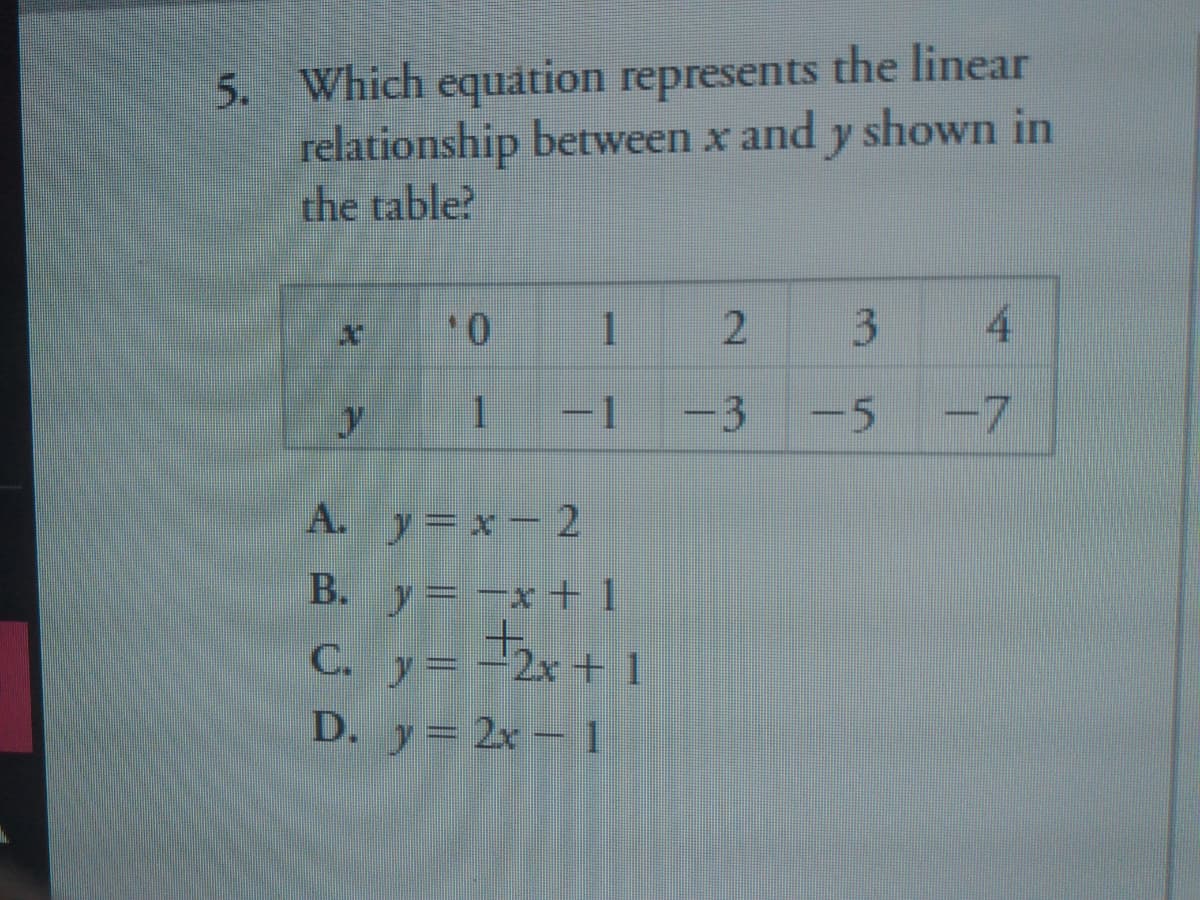 5. Which equation represents the linear
relationship between x and y shown in
the table?
4
y
1
1
-3-5
-7
A. y=x- 2
B. y -x++ 1
C. y=-2x + 1
D. y= 2x-1
