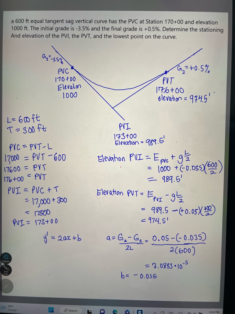 a 600 ft equal tangent sag vertical curve has the PVC at Station 170+00 and elevation
1000 ft. The initial grade is -3.5% and the final grade is +0.5%. Determine the stationing
And elevation of the PVI, the PVT, and the lowest point on the curve.
L=600 ft
T=300 ft
Options
-3.5%
PVC = PVT-L
17000 = PVT -600
17600 = PVT
176 +00= PVT
PVC
170+00
PUI = PVC + T
54°F
Cloudy
Elevation
1000
= 17,000 + 300
- 17300
PVI = 173+00
-
y = 2ax + b
O Search
PVI
173+00
Elevation =
a
989.5'
Elevation PUI = E pvc + 9²/12
= 1000 + (-0.035) (600)
=
989.5'
G₂+0.5%
PVT
1776+00
elevation = 974.5¹
Elevation PVT = EPI-9²/2/2
b=
= 989.5 - (+0.05)(b)
= 974.5'
a=
= G₂-G₁₂₁ = 0.05-(-0.035)
2L
2(600)
= 7.0833•10-5
0.035
4:54 PM