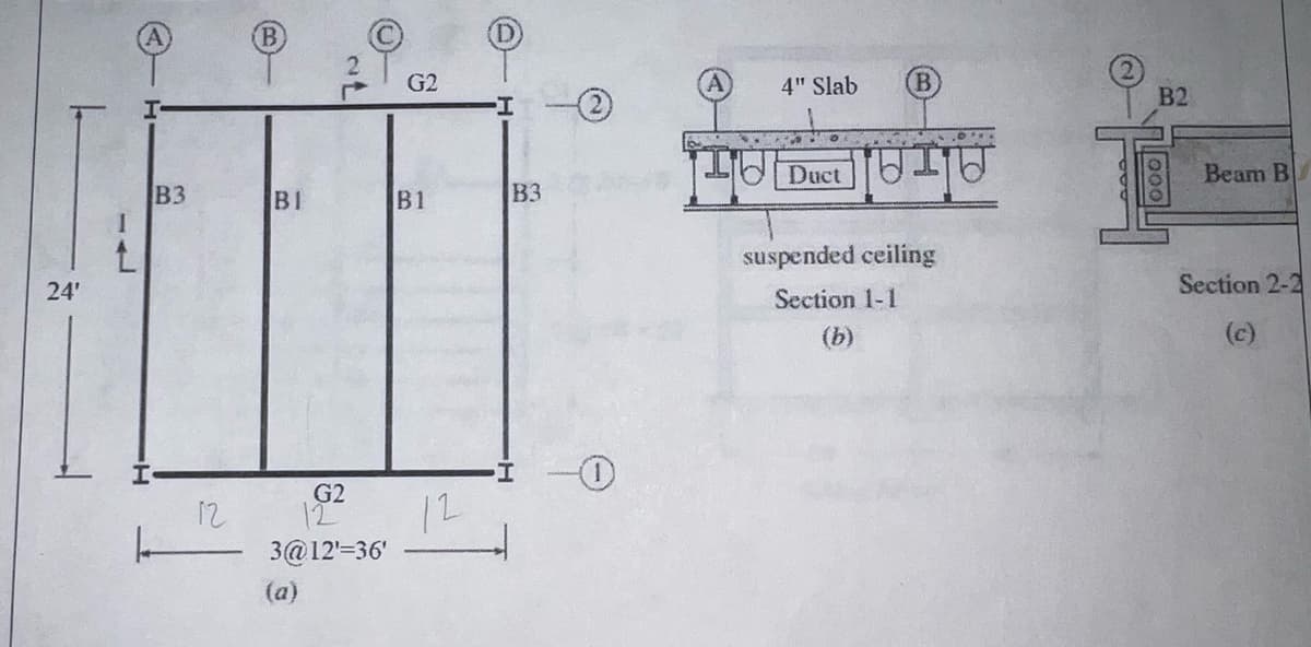 24'
B3
12
BI
G2
12
3@12' 36'
(a)
G2
B1
12
-I
B3
16
4" Slab
Duct
(B)
suspended ceiling
Section 1-1
(b)
B2
000
Beam B
Section 2-2