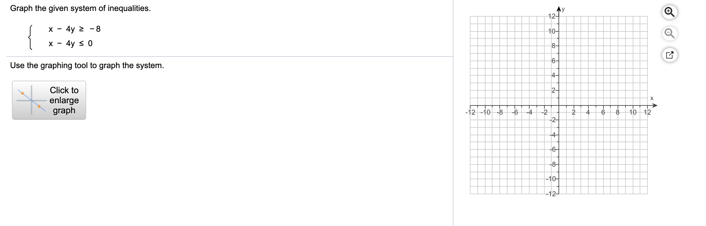 Graph the given system of inequalities.
Ay
12-
4y 2
- 8
х
10-
x - 4y s 0
8-
6-
Use the graphing tool to graph the system.
4-
Click to
2-
enlarge
graph
х
-12 -10 -8
-6
-4
-2
10 12
-2-
-4-
-6-
-8-
-10-
-12-
