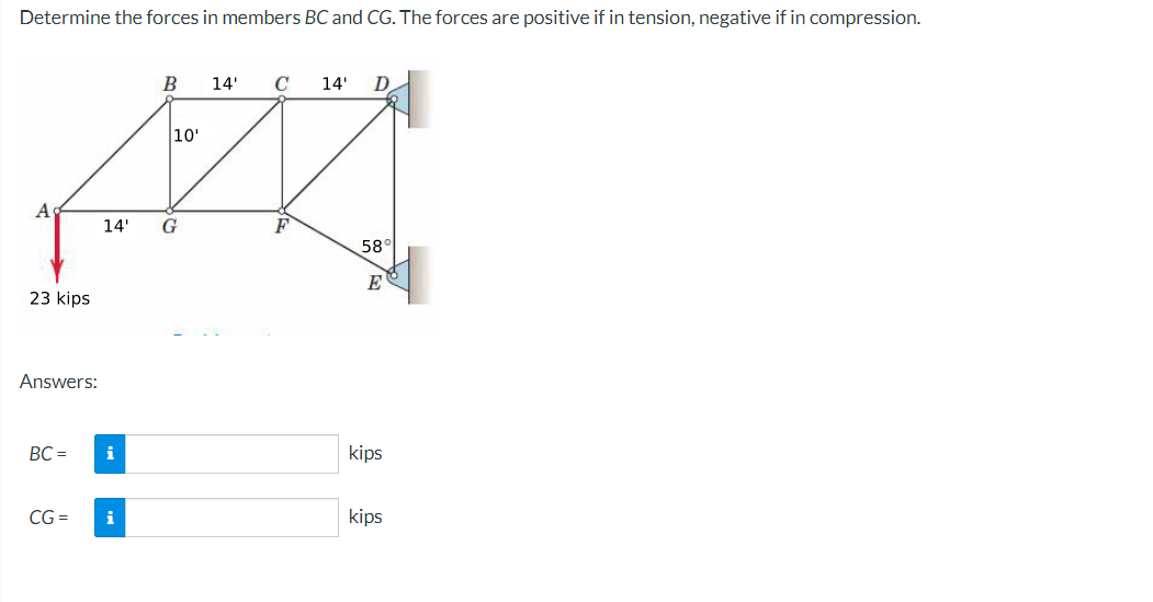 Determine the forces in members BC and CG. The forces are positive if in tension, negative if in compression.
B
14'
14'
10'
A
14'
G
58
E
23 kips
Answers:
BC =
i
kips
CG =
i
kips
