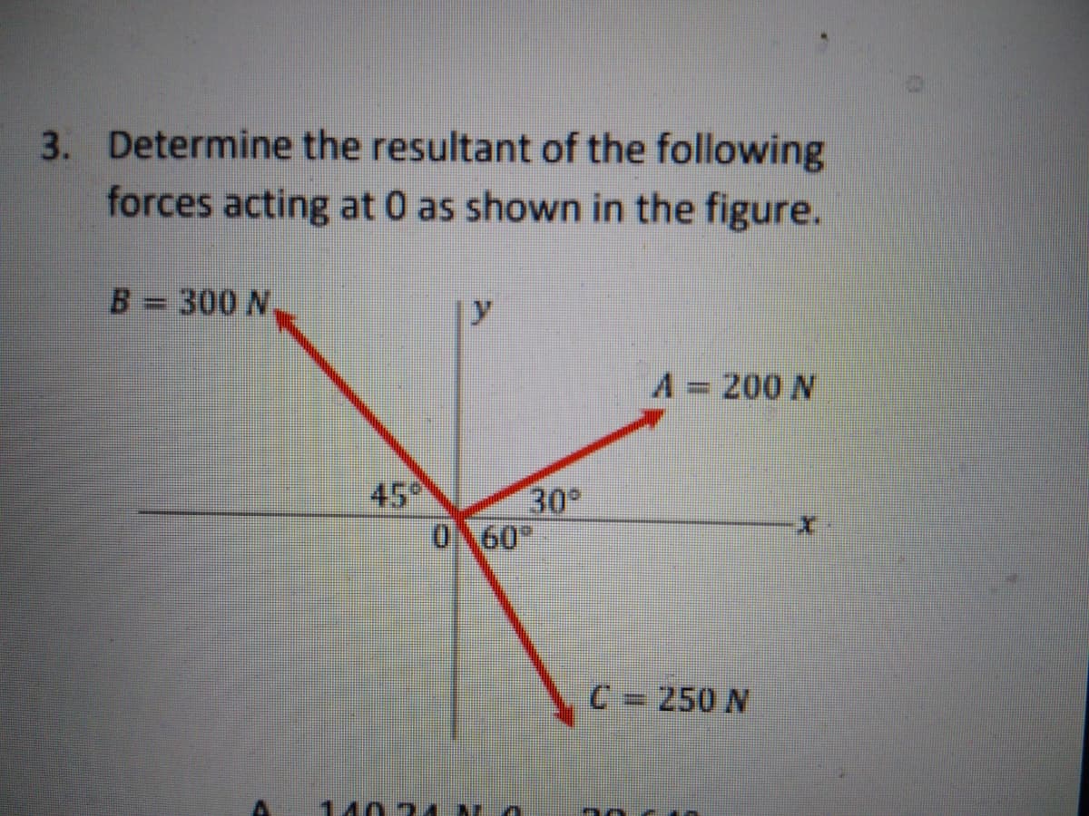 3. Determine the resultant of the following
forces acting at 0 as shown in the figure.
B= 300 N.
%3D
A = 200 N
45
30°
O\60
C= 250 N
140 24
