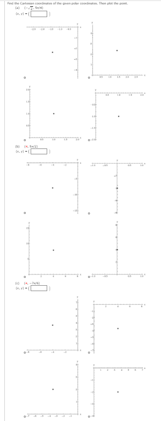 Find the Cartesian coordinates of the given polar coordinates. Then plot the point.
(a) (-7. Sn/4)
(x, y) -
(b) (4, Sa/2)
(x, v) -(
(c) (4, -7/6)
(x, v) -(
