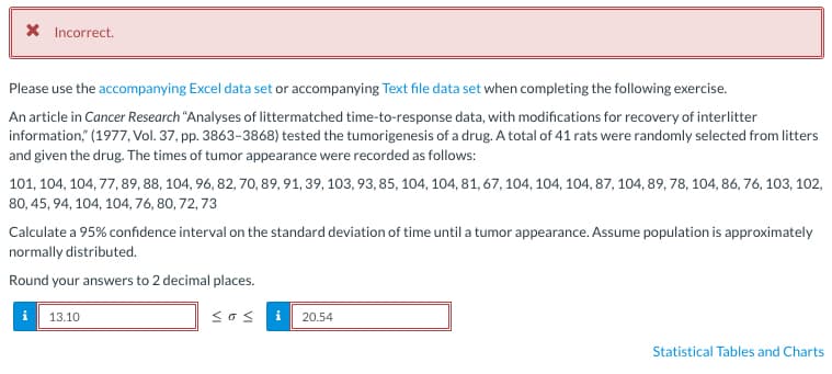 X Incorrect.
Please use the accompanying Excel data set or accompanying Text file data set when completing the following exercise.
An article in Cancer Research "Analyses of littermatched time-to-response data, with modifications for recovery of interlitter
information," (1977, Vol. 37, pp. 3863-3868) tested the tumorigenesis of a drug. A total of 41 rats were randomly selected from litters
and given the drug. The times of tumor appearance were recorded as follows:
101, 104, 104,77,89, 88, 104, 96, 82, 70, 89, 91, 39, 103, 93, 85, 104, 104, 81, 67, 104, 104, 104, 87, 104, 89, 78, 104, 86, 76, 103, 102,
80, 45, 94, 104, 104, 76, 80, 72, 73
Calculate a 95% confidence interval on the standard deviation of time until a tumor appearance. Assume population is approximately
normally distributed.
Round your answers to 2 decimal places.
sos
13.10
20.54
Statistical Tables and Charts