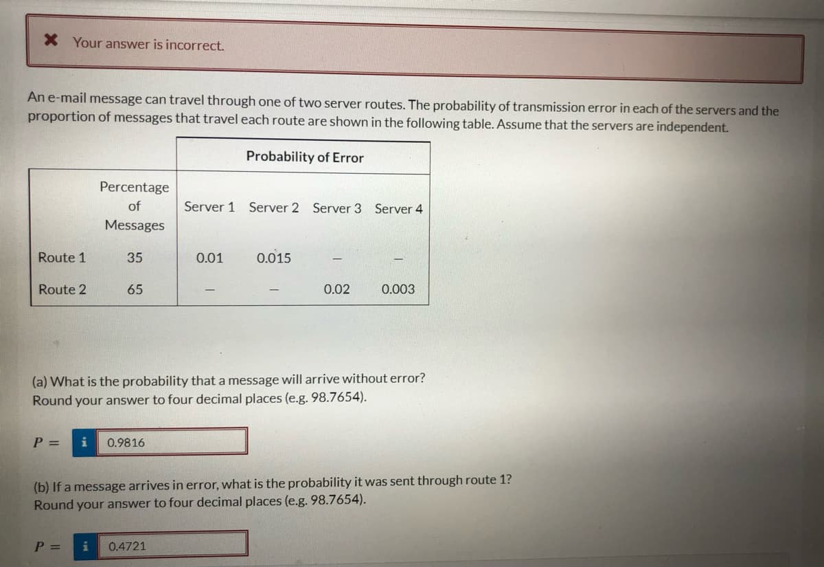 * Your answer is incorrect.
An e-mail message can travel through one of two server routes. The probability of transmission error in each of the servers and the
proportion of messages that travel each route are shown in the following table. Assume that the servers are independent.
Probability of Error
Route 1
Route 2
P =
Percentage
of
Messages
i
35
65
0.9816
Server 1
0.01
P = i 0.4721
Server 2 Server 3 Server 4
(a) What is the probability that a message will arrive without error?
Round your answer to four decimal places (e.g. 98.7654).
0.015
0.02
0.003
(b) If a message arrives in error, what is the probability it was sent through route 1?
Round your answer to four decimal places (e.g. 98.7654).