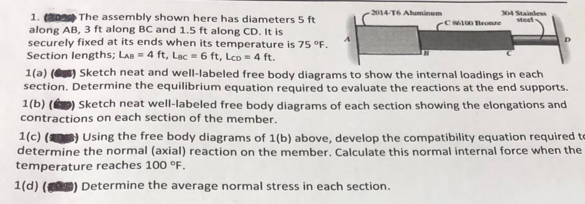 2014-T6 Aluminum
304 Stainless
steel-
1.
The assembly shown here has diameters 5 ft
along AB, 3 ft along BC and 1.5 ft along CD. It is
securely fixed at its ends when its temperature is 75 °F.
Section lengths; LAB = 4 ft, LBC = 6 ft, LCD = 4 ft.
1(a) () Sketch neat and well-labeled free body diagrams to show the internal loadings in each
section. Determine the equilibrium equation required to evaluate the reactions at the end supports.
1(b)
Sketch neat well-labeled free body diagrams of each section showing the elongations and
contractions on each section of the member.
C 86100 Bronze
D
1(c) () Using the free body diagrams of 1(b) above, develop the compatibility equation required to
determine the normal (axial) reaction on the member. Calculate this normal internal force when the
temperature reaches 100 °F.
1(d) (0) Determine the average normal stress in each section.