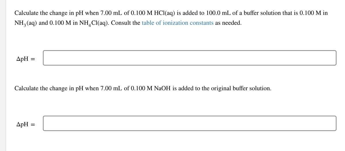 Calculate the change in pH when 7.00 mL of 0.100 M HCl(aq) is added to 100.0 mL of a buffer solution that is 0.100 M in
NH3(aq) and 0.100 M in NH4Cl(aq). Consult the table of ionization constants as needed.
ApH =
Calculate the change in pH when 7.00 mL of 0.100 M NaOH is added to the original buffer solution.
ΔΡΗ
=