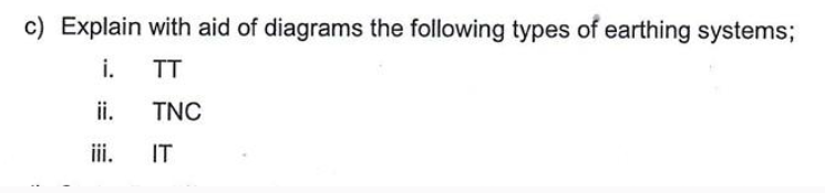 c) Explain with aid of diagrams the following types of earthing systems;
i.
TT
ii.
TNC
iii.
IT