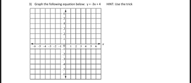 3) Graph the following equation below: y = -3x + 4
HINT: Use the trick
6-5 -4 -3 -2 -1 2 34 3 6
