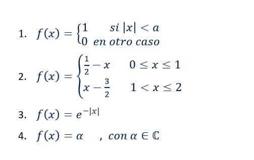 1. f(x) = {0
(1
si |x| < a
en otro caso
0 <x <1
2. f(x)
3
1 < x < 2
- -
2
3. f(x) = e-lx|
4. f(x) = a
con α EC
