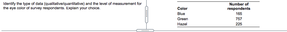 Identify the type of data (qualitative/quantitative) and the level of measurement for
the eye color of survey respondents. Explain your choice.
Number of
Color
respondents
Blue
165
Green
757
Hazel
225
....
