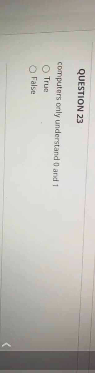 QUESTION 23
computers only understand 0 and 1
O True
False
