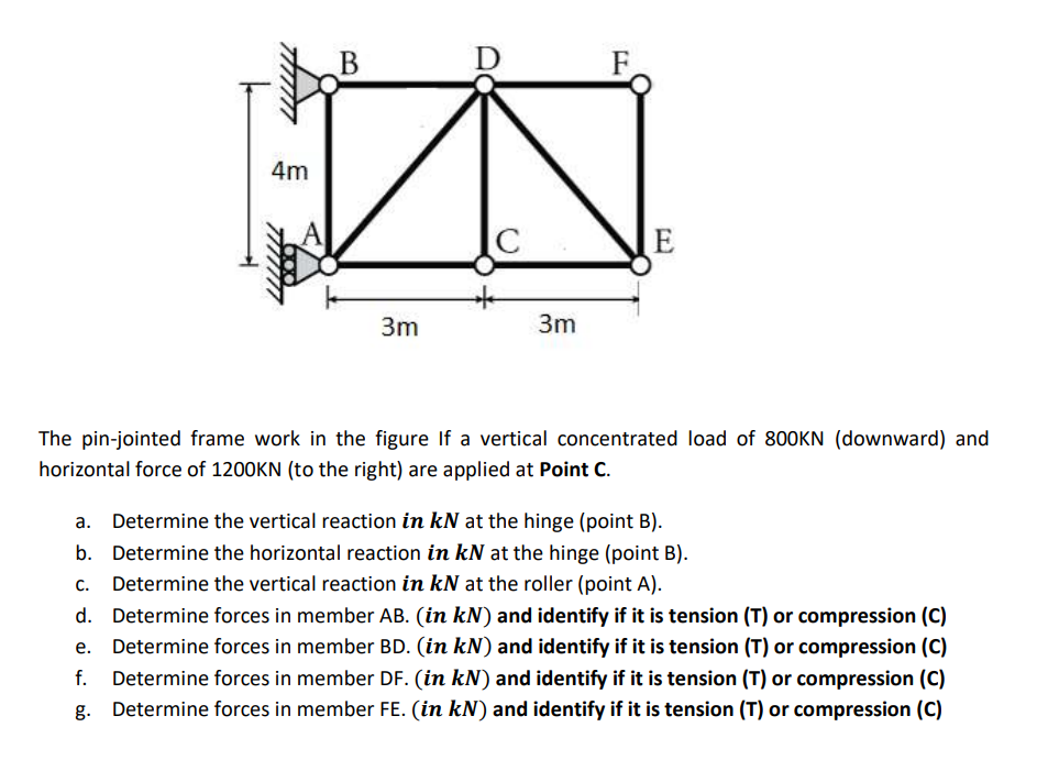 F
4m
E
3m
3m
The pin-jointed frame work in the figure If a vertical concentrated load of 8OOKN (downward) and
horizontal force of 1200KN (to the right) are applied at Point C.
а.
Determine the vertical reaction in kN at the hinge (point B).
b. Determine the horizontal reaction in kN at the hinge (point B).
Determine the vertical reaction in kN at the roller (point A).
C.
d. Determine forces in member AB. (in kN) and identify if it is tension (T) or compression (C)
e. Determine forces in member BD. (in kN) and identify if it is tension (T) or compression (C)
Determine forces in member DF. (in kN) and identify if it is tension (T) or compression (C)
g. Determine forces in member FE. (in kN) and identify if it is tension (T) or compression (C)
f.
