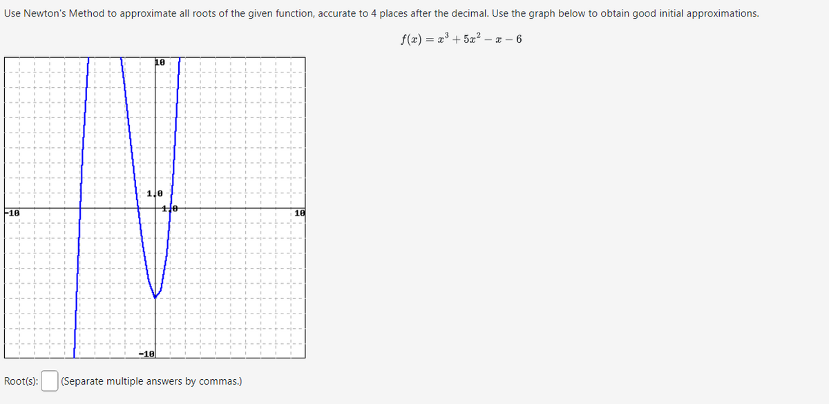 Use Newton's Method to approximate all roots of the given function, accurate to 4 places after the decimal. Use the graph below to obtain good initial approximations.
f(x) = x³ + 5x² − x-6
-18
Root(s):
-10
110
(Separate multiple answers by commas.)