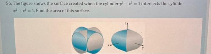 56. The figure shows the surface created when the cylinder y² + 2 = 1 intersects the cylinder
2² +2²=1. Find the area of this surface.