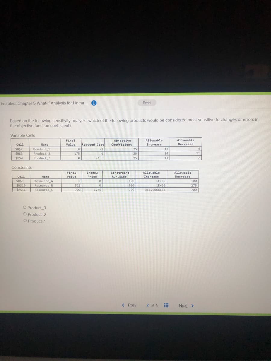 Enabled: Chapter 5 What-If Analysis for Linear . 0
Saved
Based on the following sensitivity analysis, which of the following products would be considered most sensitive to changes or errors in
the objective function coefficient?
Variable Cells
Final
Allowable
Allowable
Objective
Coefficient
Cell
Name
Value
Reduced Cost
Increase
Decrease
$B$2
13
4.
Product_1
Product_2
Product_3
-2
25
$B$3
175
25
14
11
$B$4
-1.5
25
13
7
Constraints
Final
Shadow
Constraint
Allowable
Allowable
Cell
Name
Value
Price
R.H.Side
Increase
Decrease
$H$9
Resource A
100
1E+30
100
$H$10
Resource B
525
800
1E+30
275
SH$11
Resource C
700
1.75
700
366.6666667
700
O Product 3
O Product 2
O Product 1
< Prev
2 of 5
...
...
...
Next >
