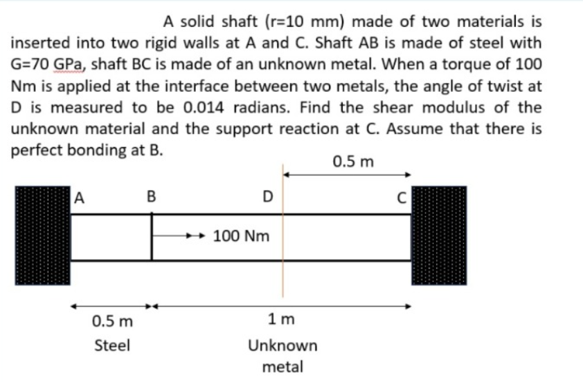 A solid shaft (r=10 mm) made of two materials is
inserted into two rigid walls at A and C. Shaft AB is made of steel with
G=70 GPa, shaft BC is made of an unknown metal. When a torque of 100
Nm is applied at the interface between two metals, the angle of twist at
D is measured to be 0.014 radians. Find the shear modulus of the
unknown material and the support reaction at C. Assume that there is
perfect bonding at B.
0.5 m
A
B
D
→ 100 Nm
+»
0.5 m
1 m
Steel
Unknown
metal
