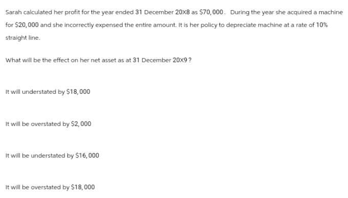 Sarah calculated her profit for the year ended 31 December 20X8 as $70,000. During the year she acquired a machine
for $20,000 and she incorrectly expensed the entire amount. It is her policy to depreciate machine at a rate of 10%
straight line.
What will be the effect on her net asset as at 31 December 20X9?
It will understated by $18,000
It will be overstated by $2,000
It will be understated by $16,000
It will be overstated by $18,000