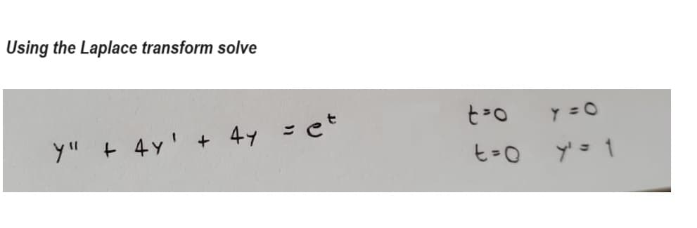 Using the Laplace transform solve
Y" + 4y + 4y = et
t = o
t=o
y=0
y' = 1