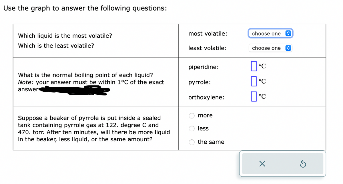 Use the graph to answer the following questions:
Which liquid is the most volatile?
Which is the least volatile?
What is the normal boiling point of each liquid?
Note: your answer must be within 1°C of the exact
answer
Suppose a beaker of pyrrole is put inside a sealed
tank containing pyrrole gas at 122. degree C and
470. torr. After ten minutes, will there be more liquid
in the beaker, less liquid, or the same amount?
most volatile:
least volatile:
piperidine:
pyrrole:
orthoxylene:
more
less
the same
choose one î
choose one
°℃
°℃
°℃
X
î
Ś