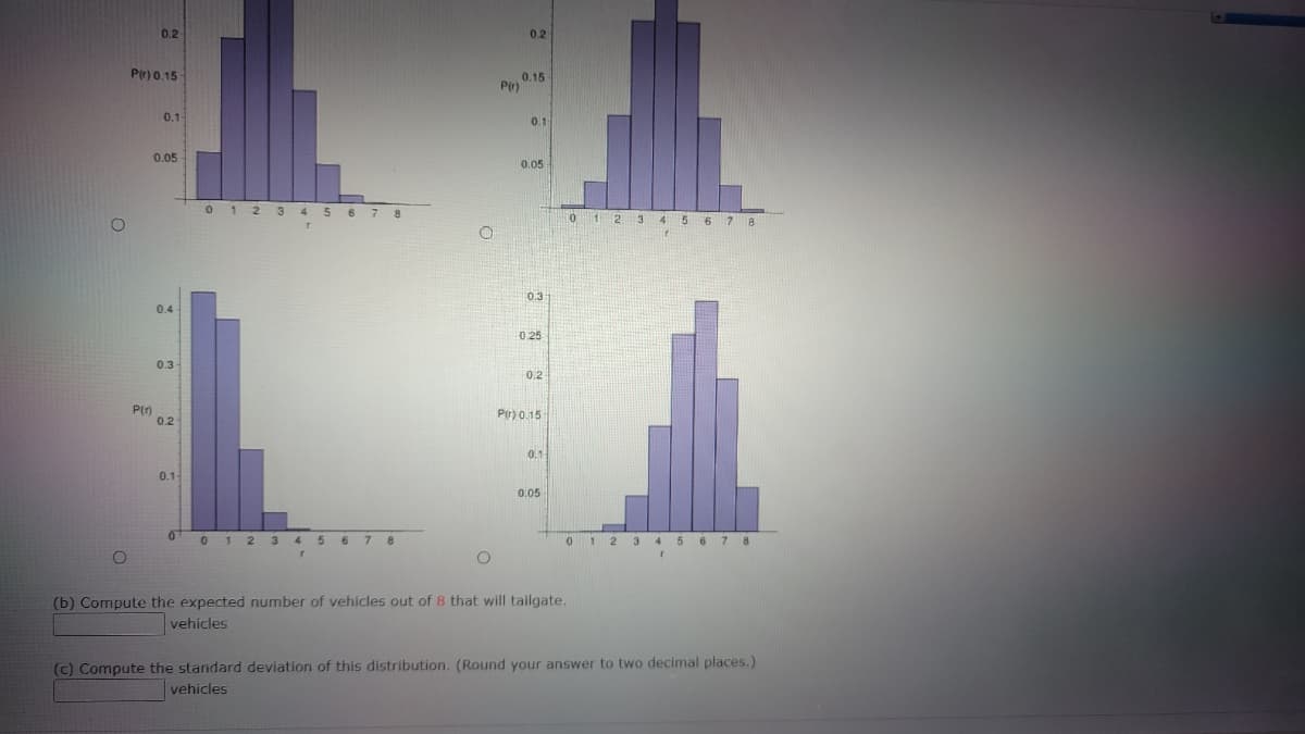 0.2
0.2
Pir) 0.15
0.15
Pr)
0.1
0.1
0.05
0.05
012 3 4 5 6 7 8
0 1 2 3 4 5 6 7 8
03
0.4
0 25
0.3
0.2
P(n
0.2
Pr) 0.15
0.1
01
0.05
1 2
45 6 7 8
012 3 4 5 6 7 8
(b) Compute the expected number of vehicles out of 8 that will tailgate.
vehicles
(c) Compute the standard deviation of this distribution. (Round your answer to two decimal places.)
vehicles
