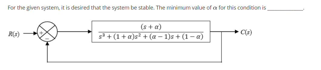 For the given system, it is desired that the system be stable. The minimum value of a for this condition is
(s + a)
s3 + (1+ a)s² + (a – 1)s + (1 – a)
R(s)
C(s)
