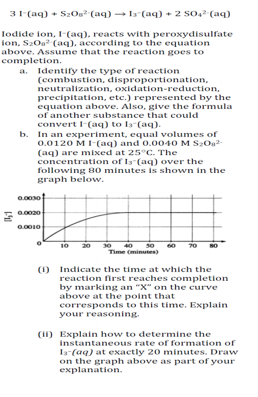 3 I-(aq) + S2Og²-(aq) → I3-(aq) + 2 SO4²-(aq)
Iodide ion, I-(aq), reacts with peroxydisulfate
ion, S20g²-(aq), according to the equation
above. Assume that the reaction goes to
completion.
a. Identify the type of reaction
(combustion, disproportionation,
neutralization, oxidation-reduction,
precipitation, etc.) represented by the
equation above. Also, give the formula
of another substance that could
convert I-(aq) to I3-(aq).
b. In an experiment, equal volumes of
0.0120 M I-(aq) and 0.0040 M S2Og²-
(aq) are mixed at 25°C. The
concentration of I3-(aq) over the
following 80 minutes is shown in the
graph below.
0.0030
E 0.0020
0.0010
10
20
30
40
50
60
70
80
Time (minutes)
(i) Indicate the time at which the
reaction first reaches completion
by marking an “X" on the curve
above at the point that
corresponds to this time. Explain
your reasoning.
(ii) Explain how to determine the
instantaneous rate of formation of
I3-(aq) at exactly 20 minutes. Draw
on the graph above as part of your
explanation.
