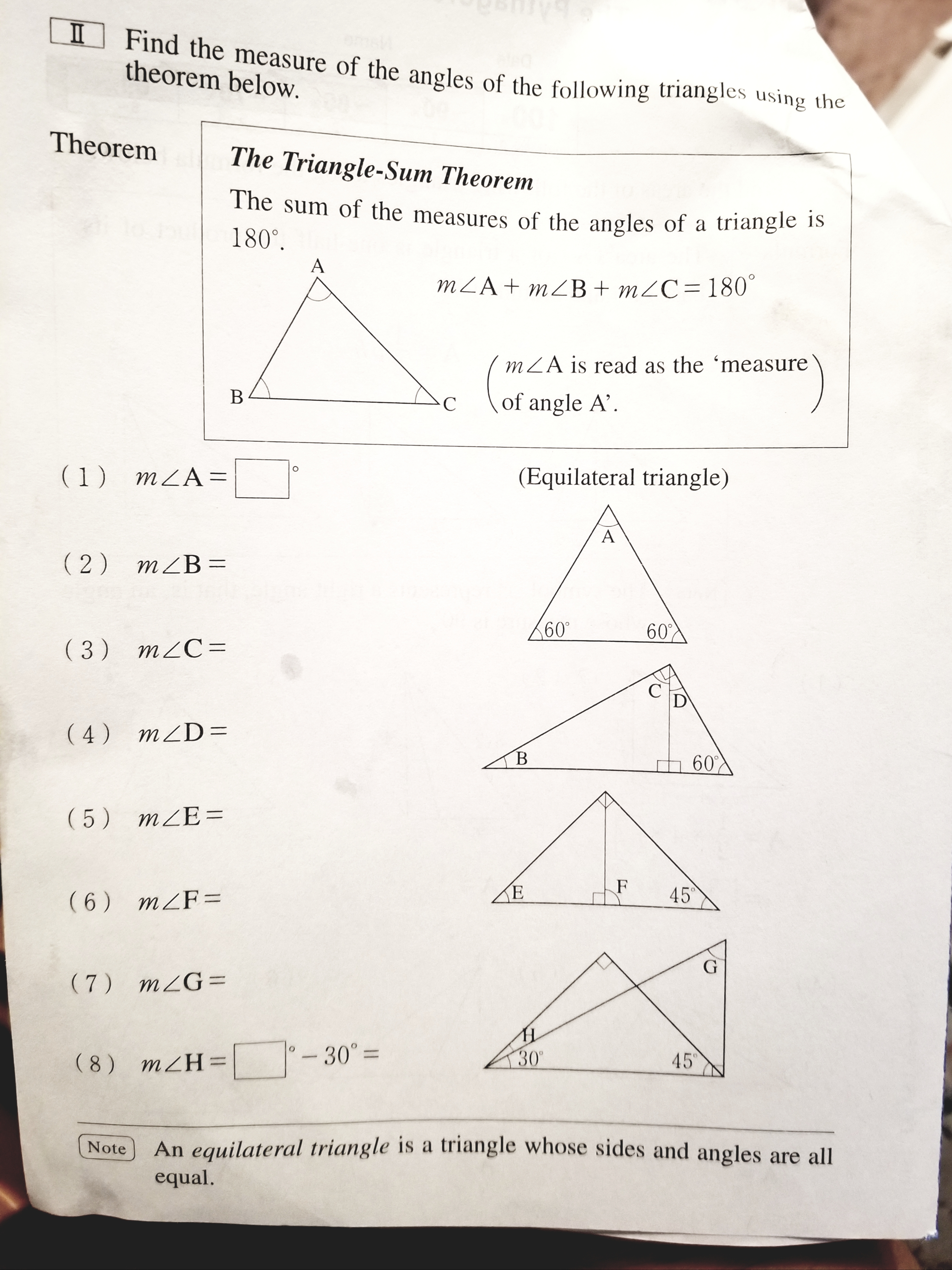 ( 5) mZE=
( 6) mZF=
KE
45
( 7) m2G=
(8) mZH=
-30°%=
%3D
30
45
