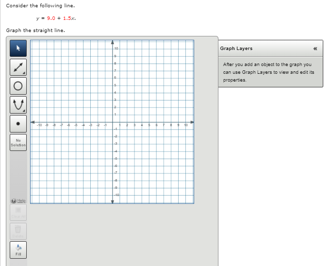 Consider the following line.
y = 9.0 + 1.5x.
Graph the straight line.
Graph Layers
10
After you add an object to the graph you
can use Graph Layers to view and edit its
properties.
-10 4 6
-1
-2
No
3
Solution
-40
Help
Fill
