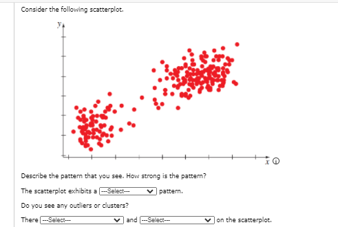 Consider the following scatterplot.
Describe the pattern that you see. How strong is the pattern?
The scatterplot exhibits a -Select-
vpatterm.
Do you see any outliers or clusters?
There --Select-
v and (--Select---
on the scatterplot.
