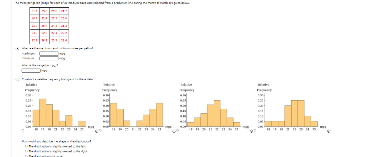 The miles per gallon (mpg) for each of 20 medium-sized cars selected from a production line during the month of March are given below.
21.1
19.3
21.6
21.7
18.2 22.4
23.3
25.0
22.7
20.7
24.2
21.2
23.9
22.7
22.4 22.2
22.9 20.2 20.9 | 22.6
(a) What are the maximum and minimum miles per gallon?
maximum
mpg
minimum
mpg
What is the range (in mpg)?
|mpg
(b) Construct a relative frequency histogram for these data.
Relative
Relative
Relative
Relative
Frequency
Frequency
Frequency
Frequency
0.30
0.30|
0.30
0.30
0.25
0.25
0.25
0.25
0.20
0.20
0.20
0.20
0.15
0.15
0.15
0.15
0.10
0.10
0.10
0.10
0.05
0.05
0.05
0.05
0.00
mpg
0.00
mpg
0.00
mpg
0.00
mpg
18 19 20 21 22 23 24 25
18 19 20 21 22 23 24 25
18 19 20 21
22 23 24 25
18
19 20 21 22 23
24 25
How would you describe the shape of the distribution?
O The distribution is slightly skewed to the left.
O The distribution is slightly skewed to the right.
O The distribution is bimodal.
