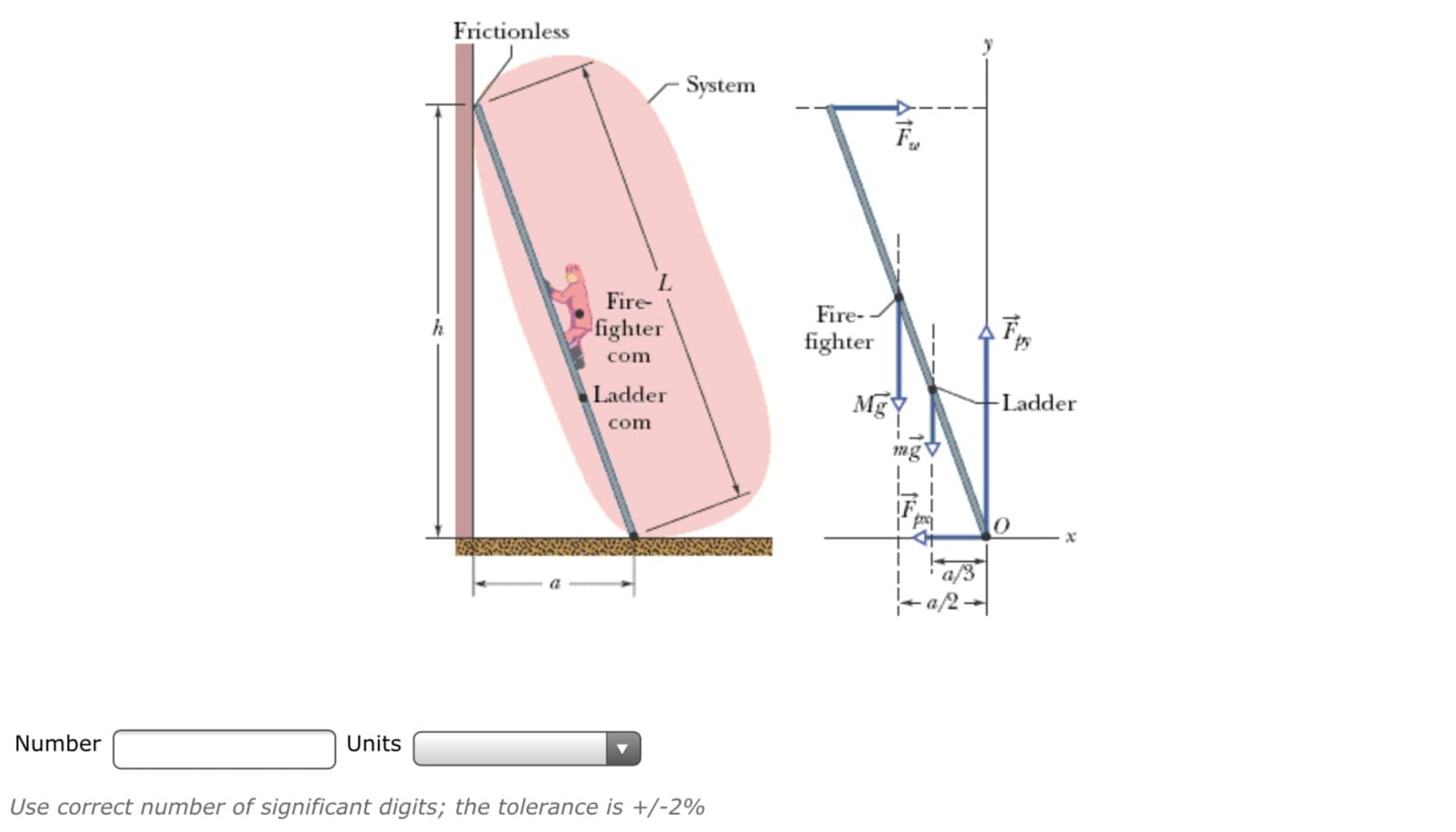 Frictionless
System
Fire-
Fire-
fighter
fighter
com
Ladder
Mg
-Ladder
com
mg'
Number
Units
Use correct number of significant digits; the tolerance is +/-2%
