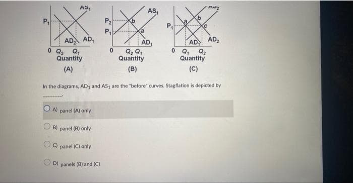 P
AS₁
AD AD,
A) panel (A) only.
B) panel (B) only
C) panel (C) only
P₂
P₁
D) panels (B) and (C)
a
0
AS₁
AD₁
0 Q₂ Q₁
Q₂
Quantity
Quantity
(A)
(C)
In the diagrams, AD₁ and AS₁ are the "before" curves. Stagflation is depicted by
Q₂ Q₁
Quantity
(B)
P
AD
XC
0 Q₁
102
AD₂