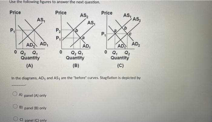 Use the following figures to answer the next question.
Price
Price
P₁
AS₁
AD AD₁
0 Q₂ Q₁
Quantity
(A)
A) panel (A) only
B) panel (B) only
P₂
C) panel (C) only
P₁
0
AS₂
a
AS₁
AD₁
Q₂ Q₁
Quantity
(B)
Price
P₁
AS₁
C
AD
0 Q₁ Q₂
Quantity
(C)
In the diagrams, AD₁ and AS₁ are the "before" curves. Stagflation is depicted by
AS₂
AD₂