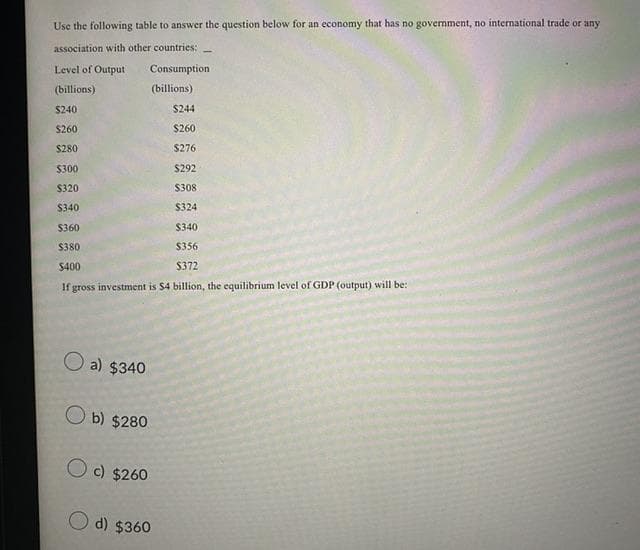 Use the following table to answer the question below for an economy that has no government, no international trade or any
association with other countries:
Consumption
(billions)
Level of Output
(billions)
$240
$260
$280
$300
$320
$340
$360
$340
$380
$356
$400
$372
If gross investment is $4 billion, the equilibrium level of GDP (output) will be:
a) $340
b) $280
Oc) $260
$244
$260
$276
$292
$308
$324
d) $360