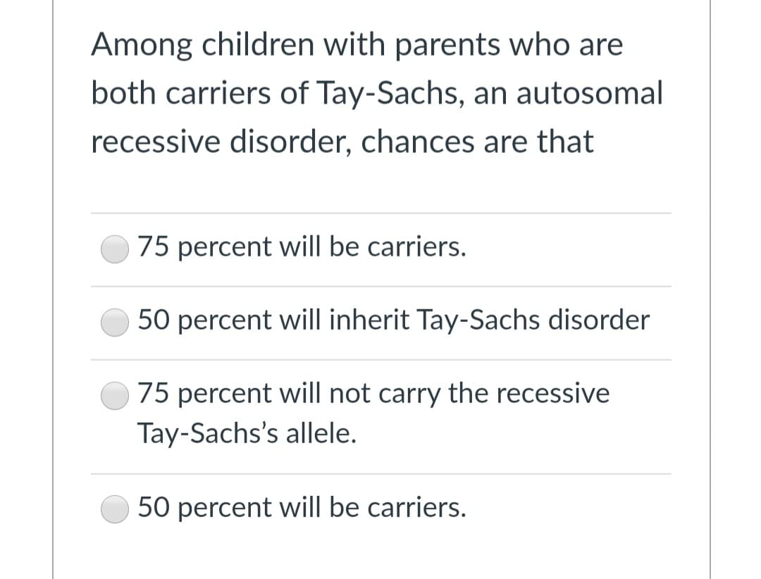 Among children with parents who are
both carriers of Tay-Sachs, an autosomal
recessive disorder, chances are that
75 percent will be carriers.
50 percent will inherit Tay-Sachs disorder
75 percent will not carry the recessive
Tay-Sachs's allele.
50 percent will be carriers.
