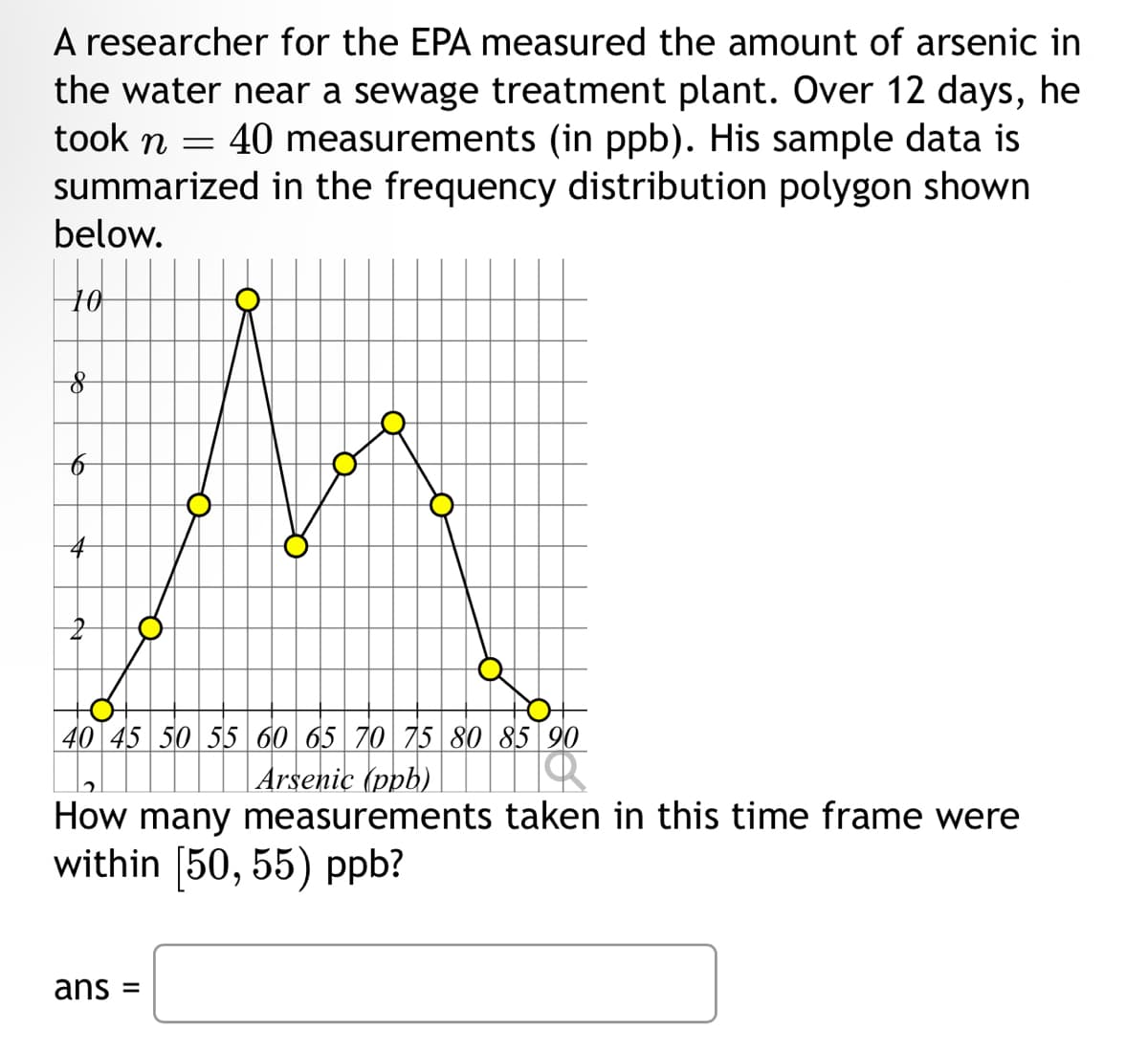 A researcher for the EPA measured the amount of arsenic in
the water near a sewage treatment plant. Over 12 days, he
took n = 40 measurements (in ppb). His sample data is
summarized in the frequency distribution polygon shown
below.
10
+0+
40 45 50 55 60 65 70 75 80 85 90
Arsenic (ppb)
How many measurements taken in this time frame were
within [50, 55) ppb?
ans =