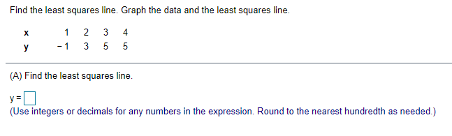 Find the least squares line. Graph the data and the least squares line.
2
3
4.
y
- 1
3
5
(A) Find the least squares line.
y=
(Use integers or decimals for any numbers in the expression. Round to the nearest hundredth as needed.)
