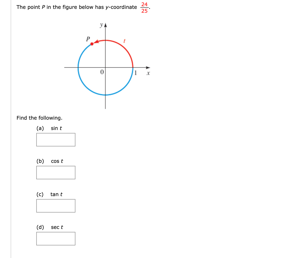 24
The point P in the figure below has y-coordinate
25
yA
P
1 x
Find the following.
(а)
sin t
(b)
Cos t
(c)
tan t
(d)
sec t
