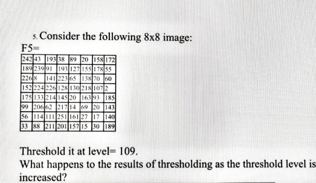 5. Consider the following 8x8 image:
F5=
242 43 193 38 89 20 158 172
189 239 91193 127 155 178 55
2268 141 223 65 138 70 60
152 224 226 128 130218 1072
175 133 214 145 20 163 93 185
99 206 62 217 14 69 20 143
56 114 111 251 161 27 17 140
33 88 211 201 157 15 30 189
Threshold it at level = 109.
What happens to the results of thresholding as the threshold level is
increased?