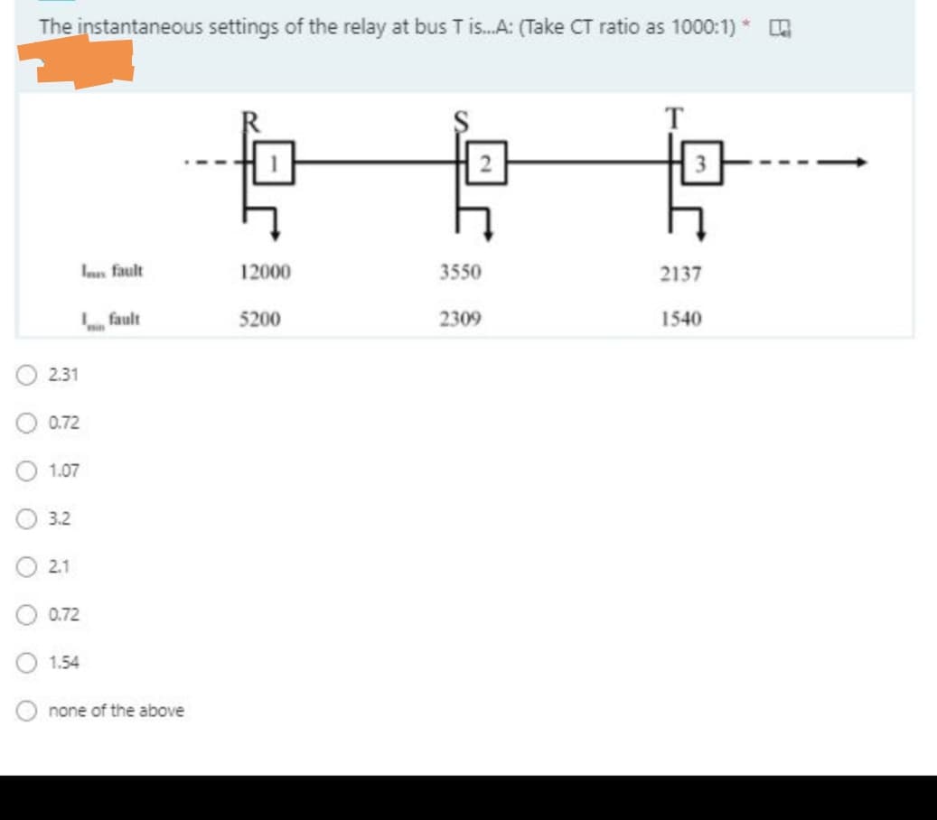 The instantaneous settings of the relay at bus T is.A: (Take CT ratio as 1000:1) *
T
Ian fault
12000
3550
2137
fault
5200
2309
1540
min
2.31
0.72
1.07
3.2
2.1
0.72
1.54
none of the above
