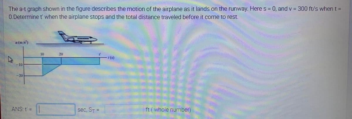 The a-t graph shown in the figure describes the motion of the airplane as it lands on the runway. Here s = 0, and v = 300 ft/s when t =
O.Determine t' when the airplane stops and the total distance traveled before it come to rest
%3D
a (m/)
10
20
కాం కోళ
-20
ANS: t =|
sec, ST =
ft ( whole number)
