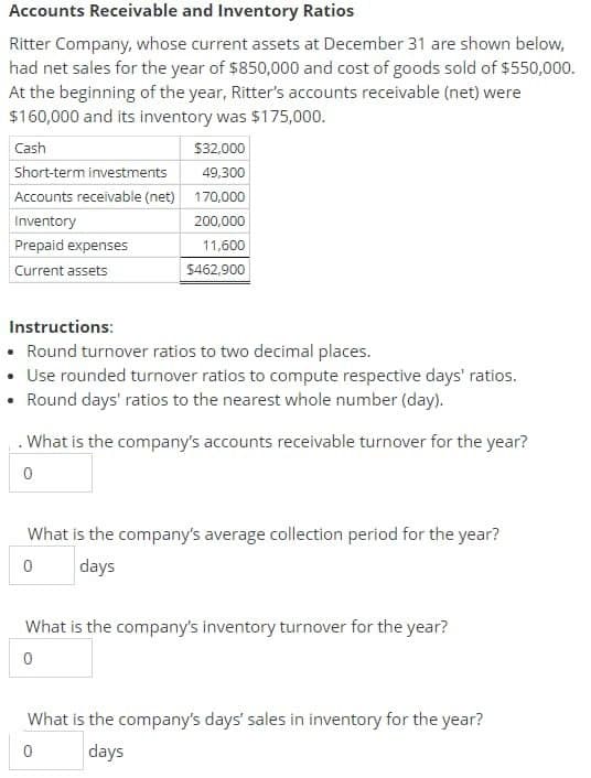 Accounts Receivable and Inventory Ratios
Ritter Company, whose current assets at December 31 are shown below,
had net sales for the year of $850,000 and cost of goods sold of $550,000.
At the beginning of the year, Ritter's accounts receivable (net) were
$160,000 and its inventory was $175,000.
Cash
Short-term investments
Accounts receivable (net)
Inventory
Prepaid expenses
Current assets
$32,000
49,300
170,000
200,000
11,600
$462,900
Instructions:
• Round turnover ratios to two decimal places.
• Use rounded turnover ratios to compute respective days' ratios.
Round days' ratios to the nearest whole number (day).
What is the company's accounts receivable turnover for the year?
0
What is the company's average collection period for the year?
0 days
What is the company's inventory turnover for the year?
0
What is the company's days' sales in inventory for the year?
0
days