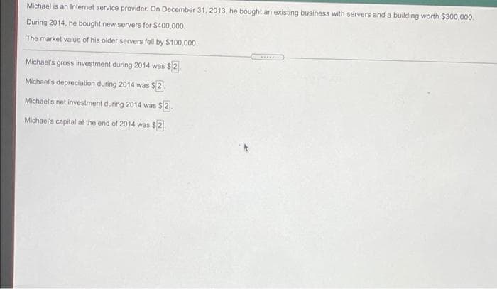 Michael is an Internet service provider. On December 31, 2013, he bought an existing business with servers and a building worth $300,000.
During 2014, he bought new servers for $400,000.
The market value of his older servers fell by $100,000.
Michael's gross investment during 2014 was $2
Michael's depreciation during 2014 was $2.
Michael's net investment during 2014 was $2.
Michael's capital at the end of 2014 was $2.
