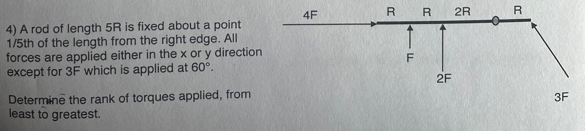 4) A rod of length 5R is fixed about a point
1/5th of the length from the right edge. All
forces are applied either in the x or y direction
except for 3F which is applied at 60°.
Determine the rank of torques applied, from
least to greatest.
4F
R R
FF
2F
2R
R
3F