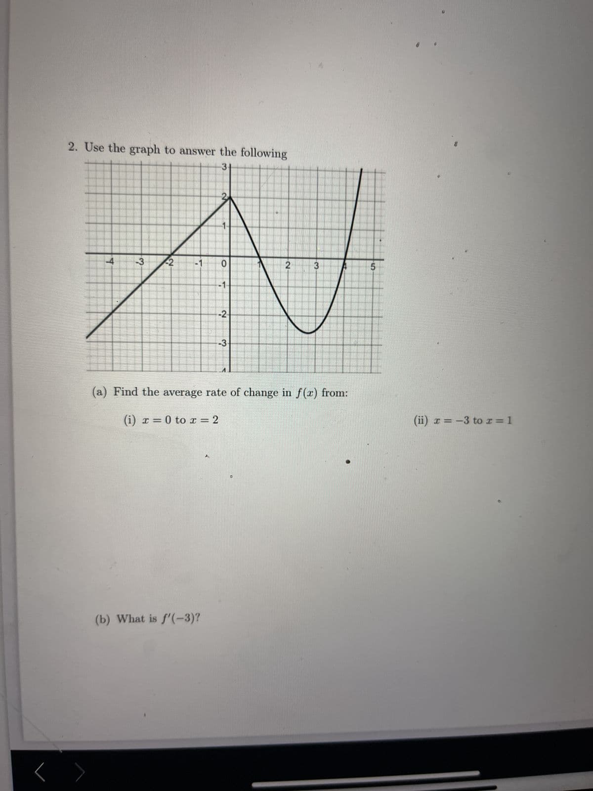 2. Use the graph to answer the following
3
2
N
-3
-2
-1
2 3
-1-
-2
-3
()
(a) Find the average rate of change in f(x) from:
(i) x = 0 to x = 2
(b) What is f'(-3)?
5
(ii) x = -3 to x = 1