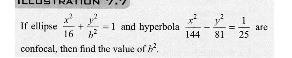 If ellipse + = 1 and hyperbola
x² 1² 2
16 6²
confocal, then find the value of b².
x²
144
-
y²
81
=
1
25
are