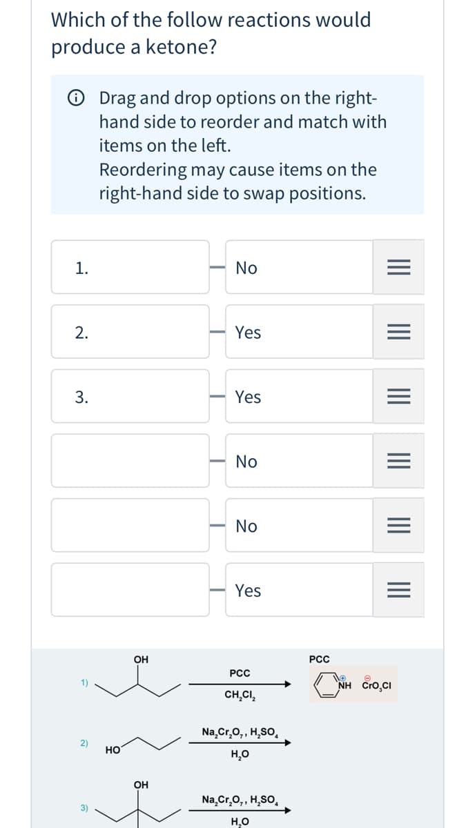 Which of the follow reactions would
produce a ketone?
O Drag and drop options on the right-
hand side to reorder and match with
items on the left.
Reordering may cause items on the
right-hand side to swap positions.
1.
No
2.
Yes
3.
Yes
No
No
Yes
OH
РСС
РСС
CH,CI,
Na,Cr,0,, H,SO,
2)
но
H,0
OH
Na,Cr,O,, H,SO,
3)
H,0
II
II
II
II
