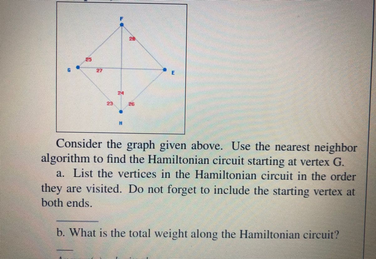 25
27
%3D
Consider the graph given above. Use the nearest neighbor
algorithm to find the Hamiltonian circuit starting at vertex G.
a. List the vertices in the Hamiltonian circuit in the order
they are visited. Do not forget to include the starting vertex at
both ends.
b. What is the total weight along the Hamiltonian circuit?
