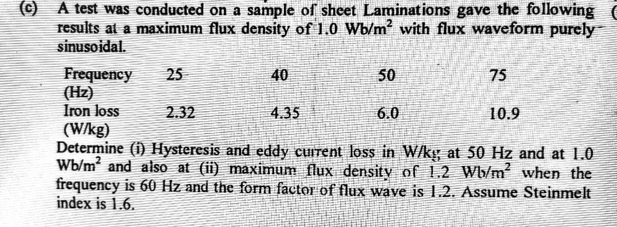 (c)
A test was conducted on a sample of sheet Laminations gave the following
results at a maximum flux density of 1.0 Wb/m with flux waveform purely
sinusoidal.
40
Frequency
(Hz)
Iron loss
25
50
75
2.32
4.35
6.0
10.9
(W/kg)
Determine (i) Hysteresis and eddy current loss in W/kg at 50 Hz and at 1.0
Wb/m' and also at (ii) maximum flux density of 1.2 Wb/m when the
frequency is 60 Hz and the form factor of flux wave is 1.2. Assume Steinmelt
index is 1.6.
